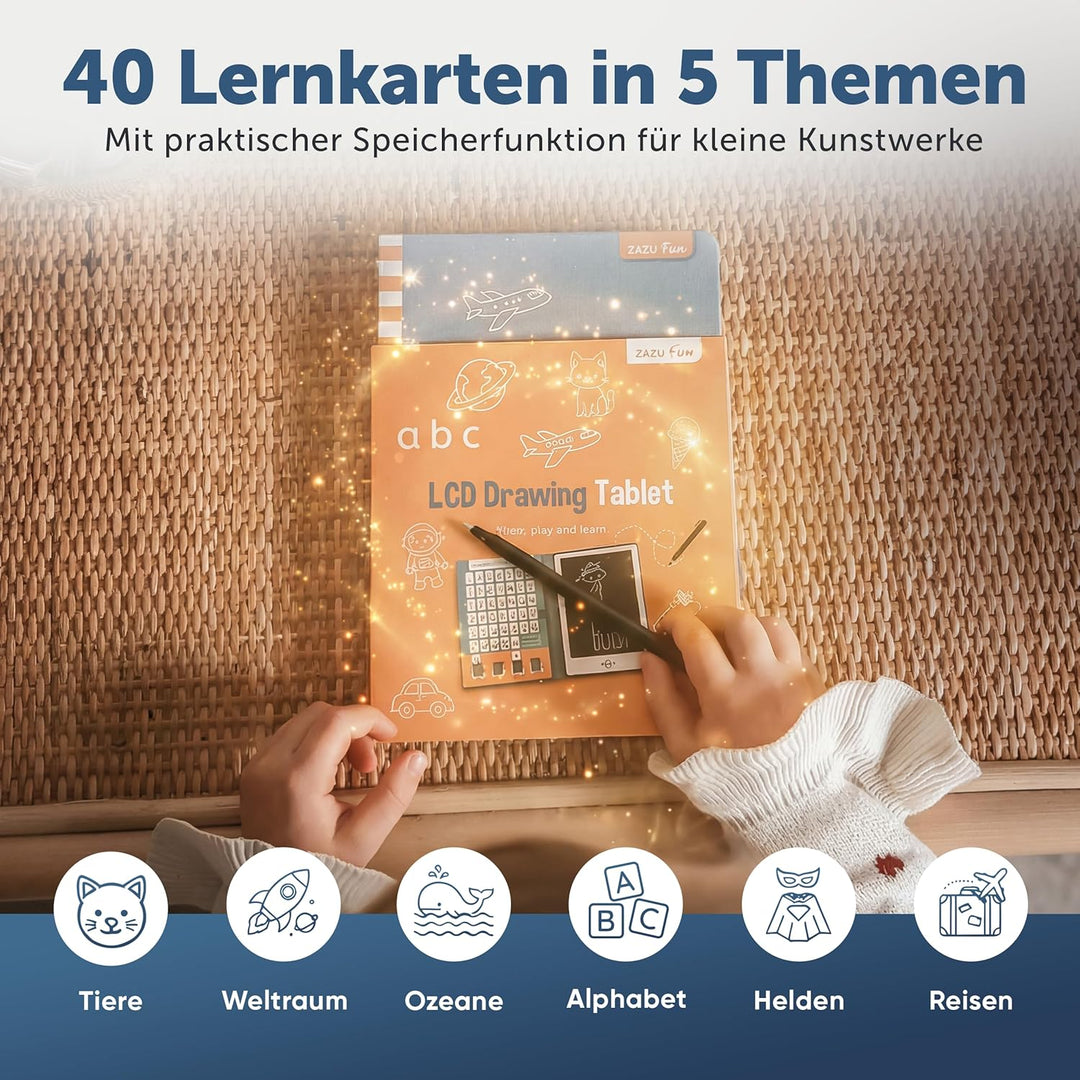 ZAZU Fun LCD Zeichentablet für Kinder – 8,5 Zoll Maltablet mit 40 Vorlagenkarten & Stift, Löschfunkt