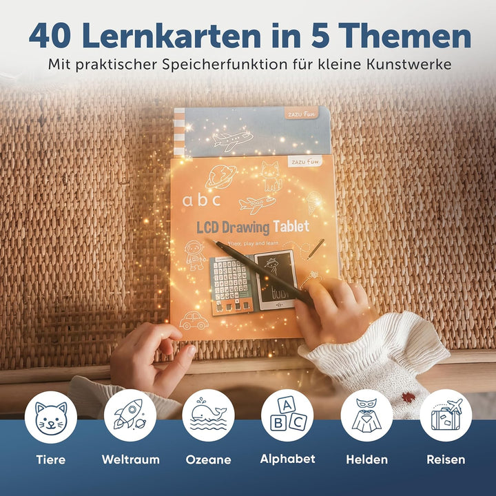 ZAZU Fun LCD Zeichentablet für Kinder – 8,5 Zoll Maltablet mit 40 Vorlagenkarten & Stift, Löschfunkt