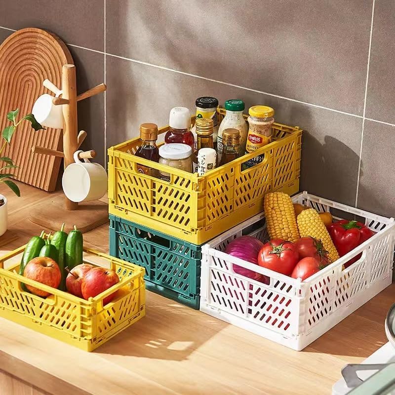 EURXLQ 4 Stück Gelb Klappbox 30×20×12cm,Klappkiste Körbe Aufbewahrung Zusammenklappbarer Tragbar Auf