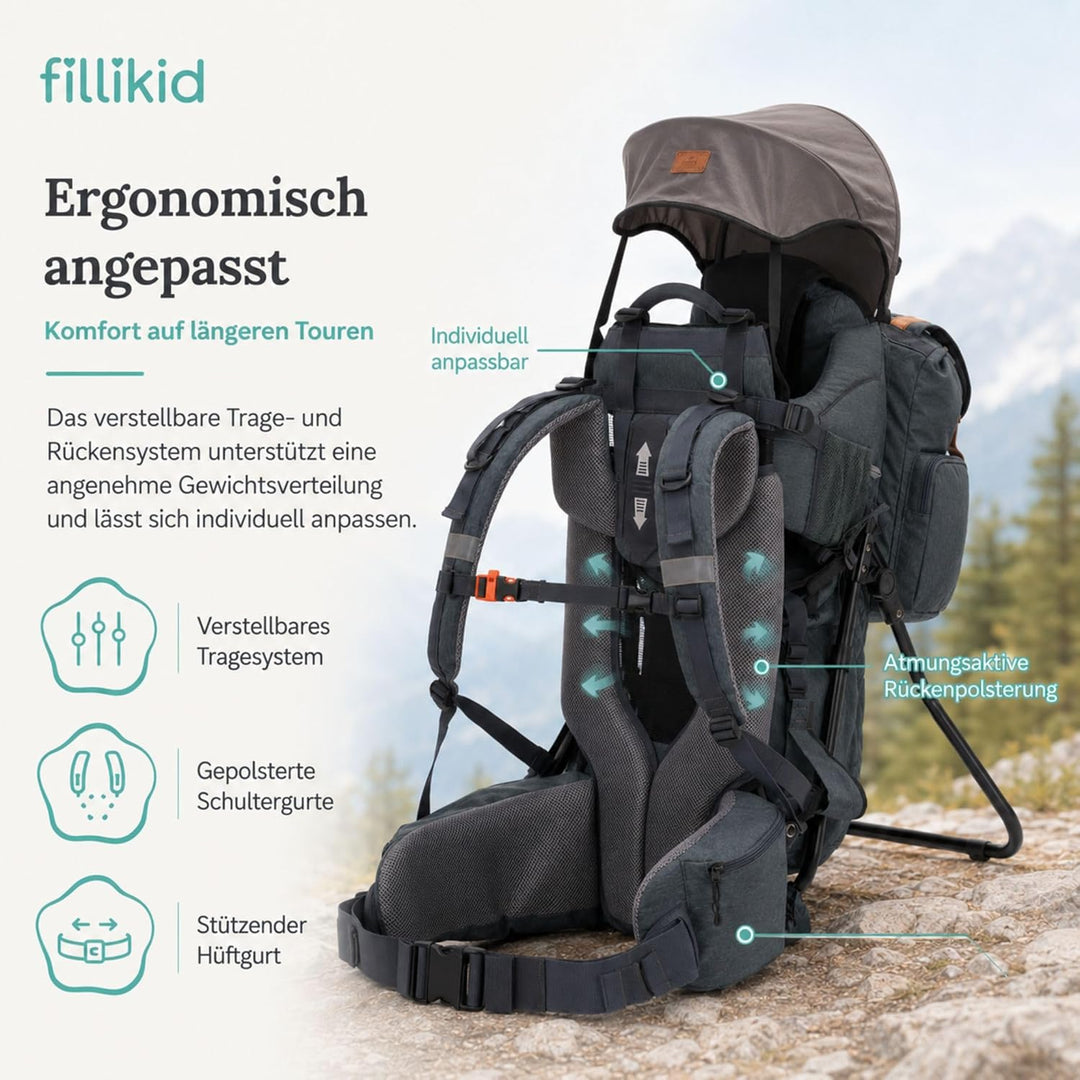 Fillikid Premium Babytrage Rückentrage Baby | Rücken Babytrage mit Sonnendach & grossen Staufächern