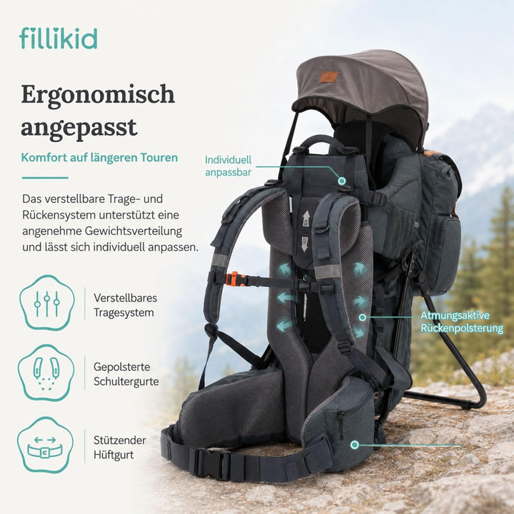 Fillikid Premium Babytrage Rückentrage Baby | Rücken Babytrage mit Sonnendach & grossen Staufächern