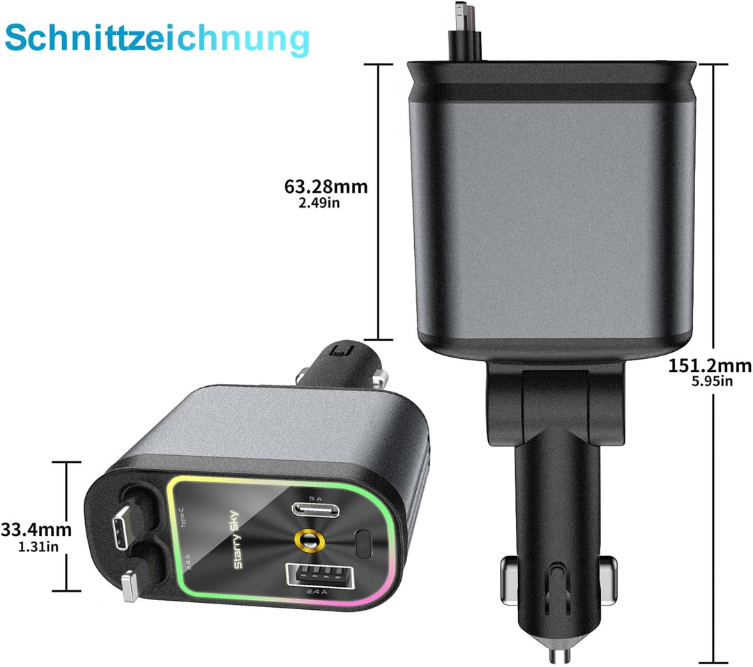 Aimtel Verbessertes Starlight Einziehbares Auto 69W Ladegerät Zigarettenanzünder USB Adapter KFZ USB