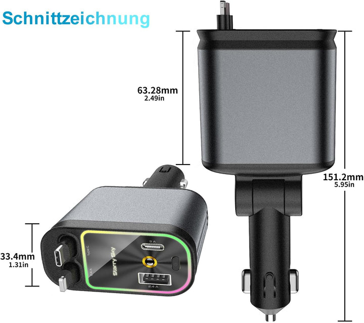 Aimtel Verbessertes Starlight Einziehbares Auto 69W Ladegerät Zigarettenanzünder USB Adapter KFZ USB