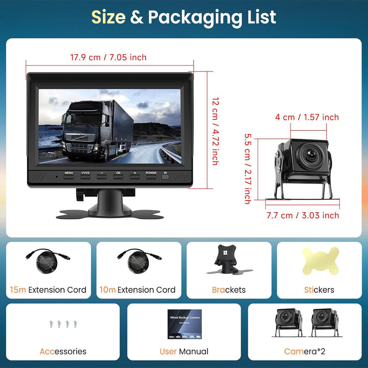 Hodozzy Rückfahrkamera Set mit 7 Zoll HD Monitor, 2 * Kameras Wasserdichtes Super Nachtsicht, Rückfa
