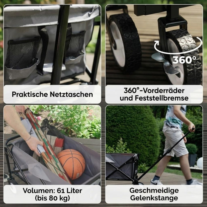 Gardenio Bollerwagen faltbar mit Bremsen, Handwagen 80 kg/60l, Bollerwagen klein & leicht mit Tasche