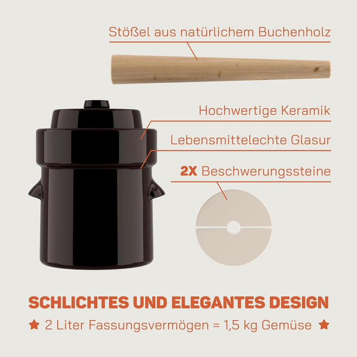 Kenley Gärtopf Jar 2 Liter – Topf aus Steingut mit für gegärt oder Gurken Kimchi, Sauerkraut, Gurken