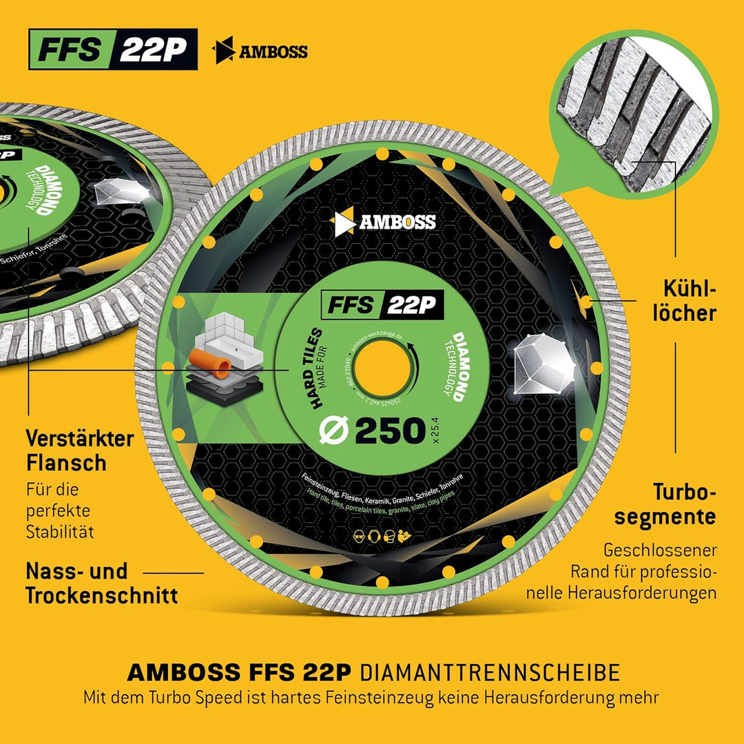 Amboss FFS 22 - Diamant-Trennscheibe Ø 250 mm x 25,4 mm - Hartes Feinsteinzeug (bis 1,2 cm) / harte
