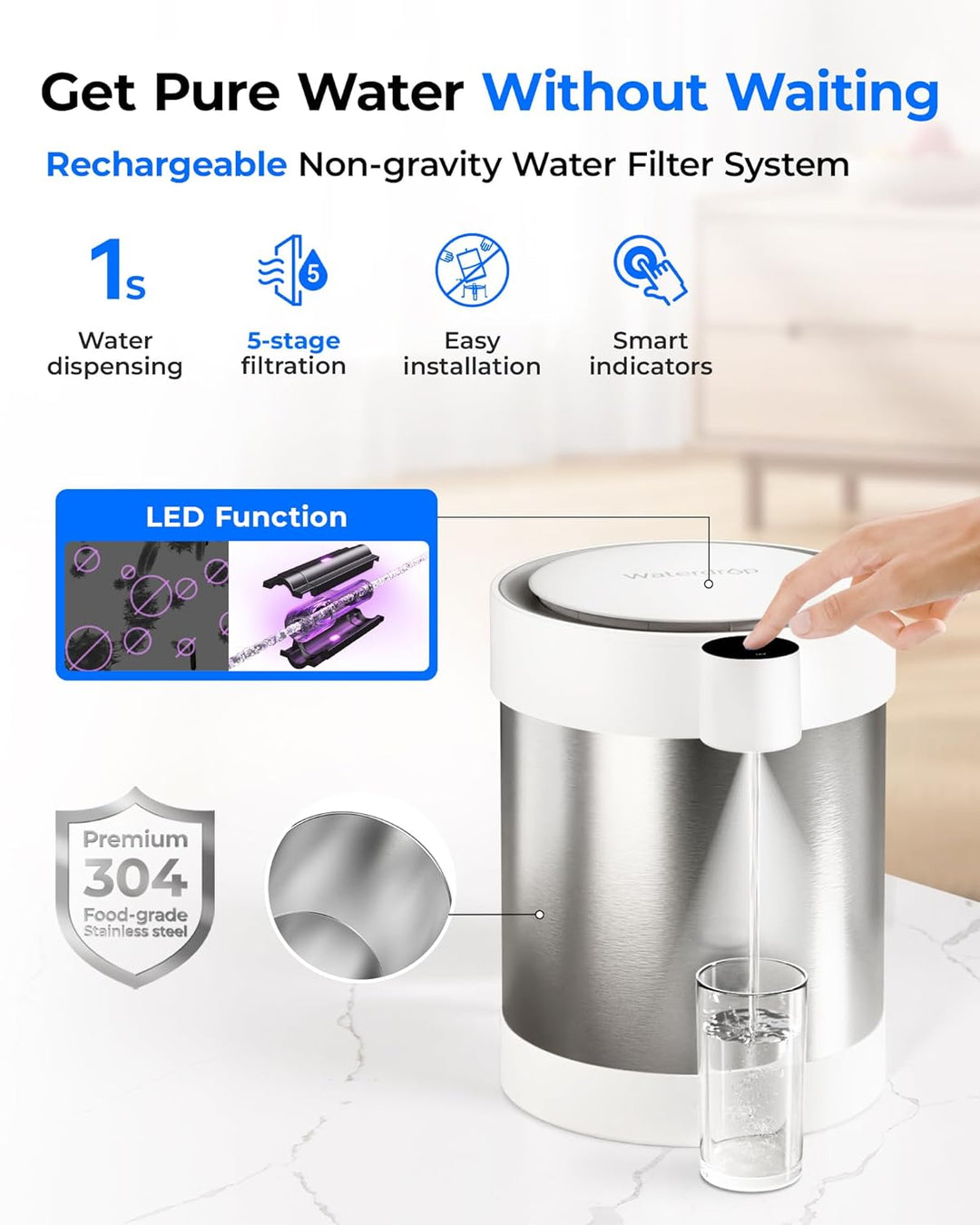 Waterdrop Edelstahl Wiederaufladbarer Wasserfilterspender mit LED Funktion, WD-ED09W 5,3L 3 Monate W