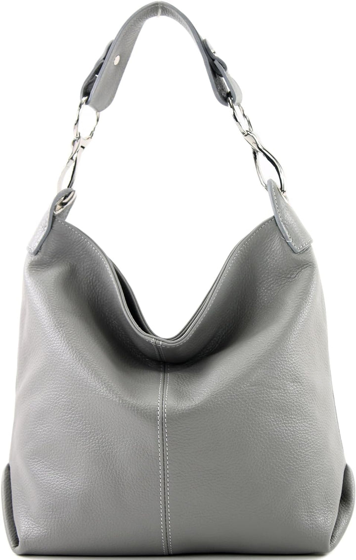 modamoda de - T168 - ital Schultertasche Umhängetasche aus Leder Grau, Grau
