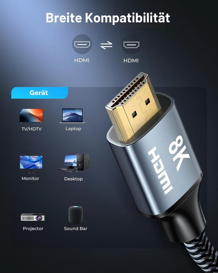 CABNEER 8K HDMI 2.1 Kabel 2,5m 2 Stücke, HDMI Kabel Hoch Geschwindig 48Gbps 8K@60Hz 4K@120Hz 2.2/2.3