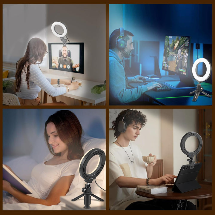 PULUZ Ringlicht PC mit Clip & Stativ 5 Zoll Videokonferenz Licht Dimmbares 3 Lichtfarben+Helligkeit