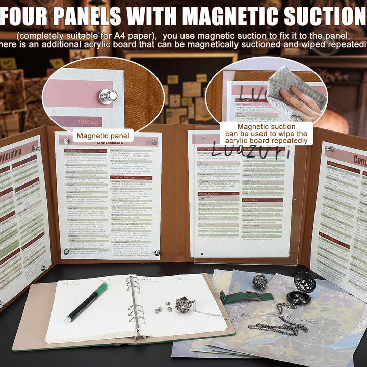 DND DM Screen 5e Dungeon Master Screen Deluxe Leather 4-Panel Customizable Magnetic Panel Game Maste