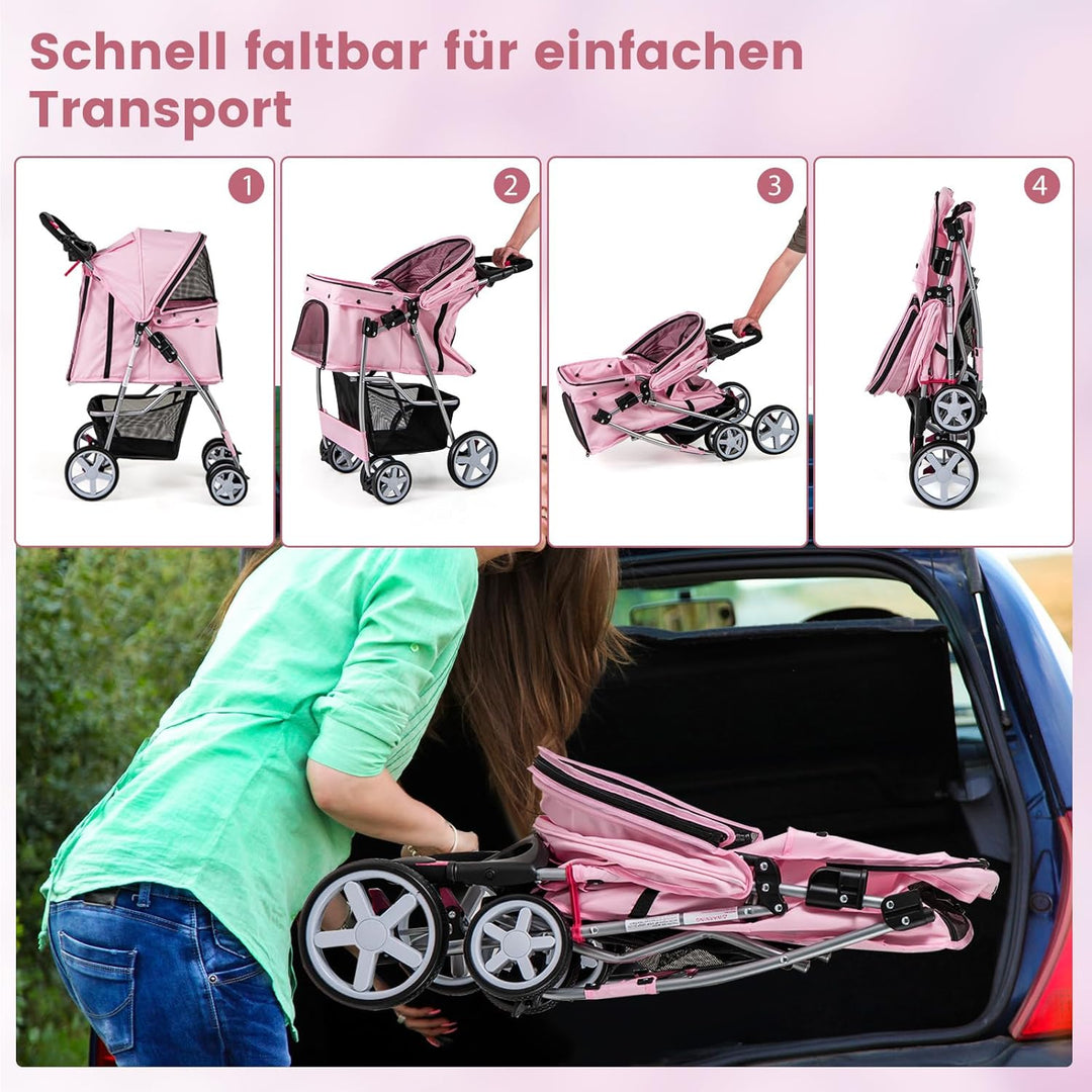COSTWAY Hundewagen Haustiere Buggy, bis 15 kg, Hundebuggy mit Netzfenstern & Getränkehalter & Korb &