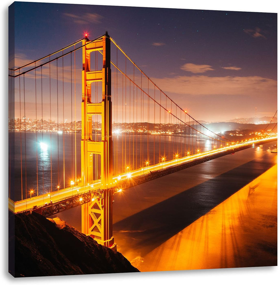 Pixxprint Golden Gate Bridge bei Nacht als Leinwandbild/Grösse: 70x70 cm/Wandbild/Kunstdruck/fertig