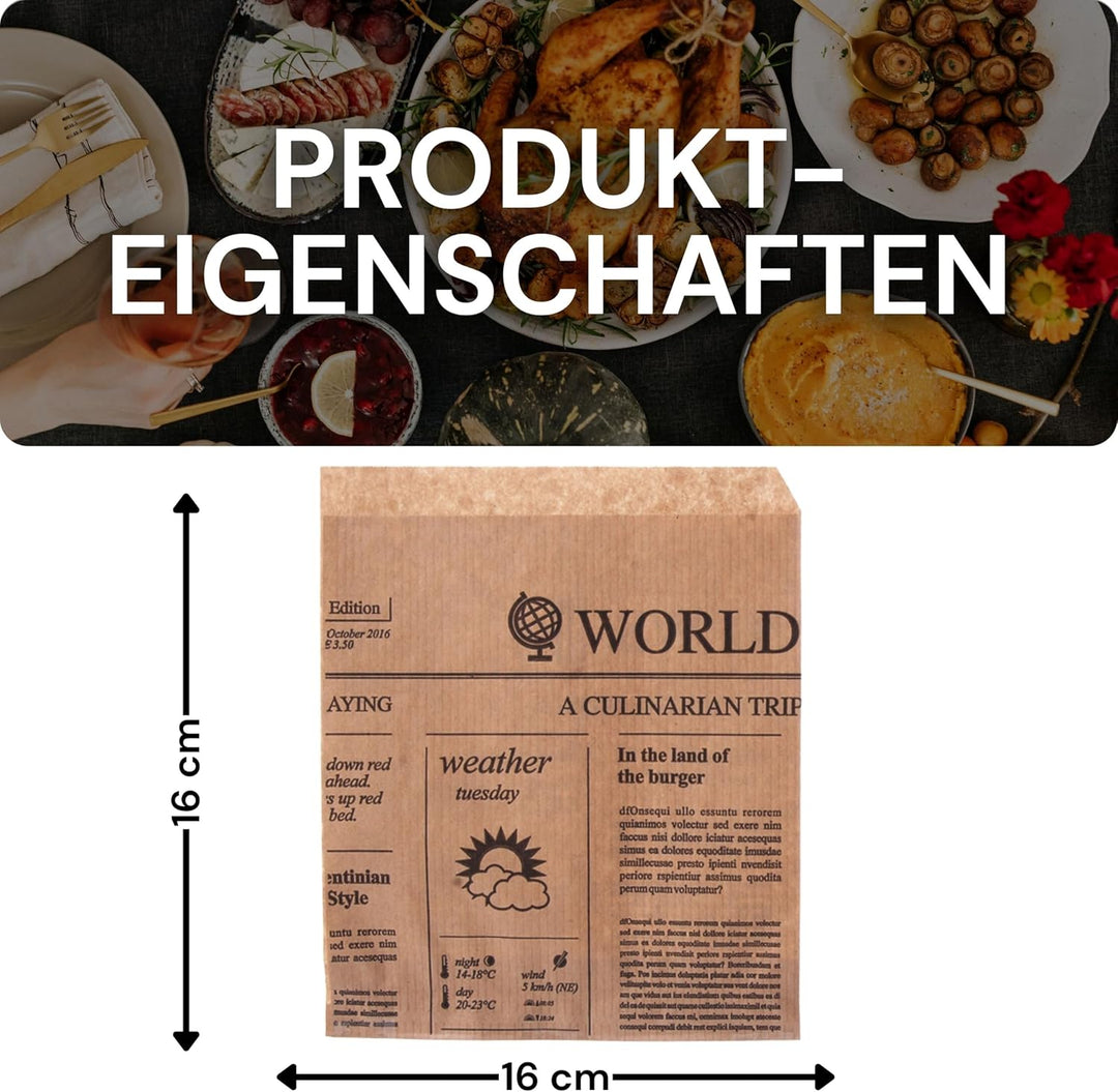 Snacktaschen/Hamburgertaschen Snackbeutel Newspaper aus Kraftpapier Hamburger-Tüten, 2-seitig offen