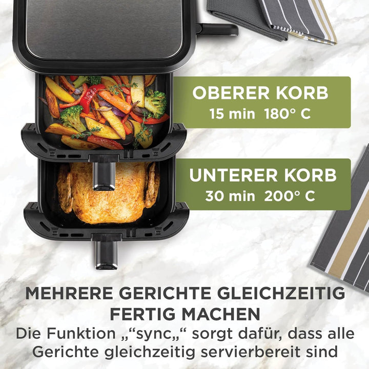 Rosmarino Tower XXL Airfryer 10,4L - Vertikales Design | Doppelkammerfritteuse | 12 Programme | 2800