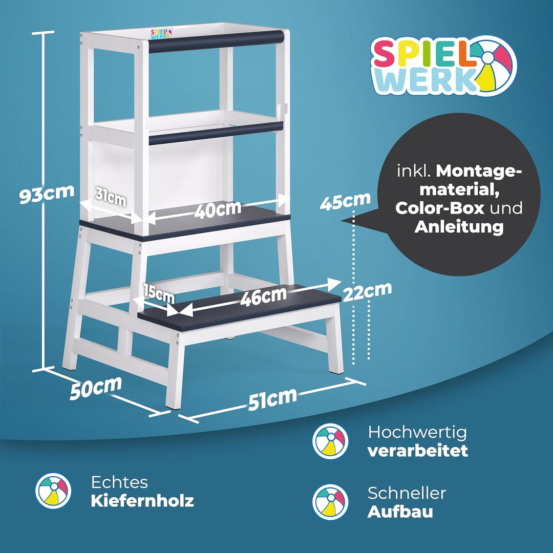 Spielwerk® Lernturm ab 2 Jahren Kinder mit Tafel Montessori 93cm Hoch Learning Tower 100kg Belastbar