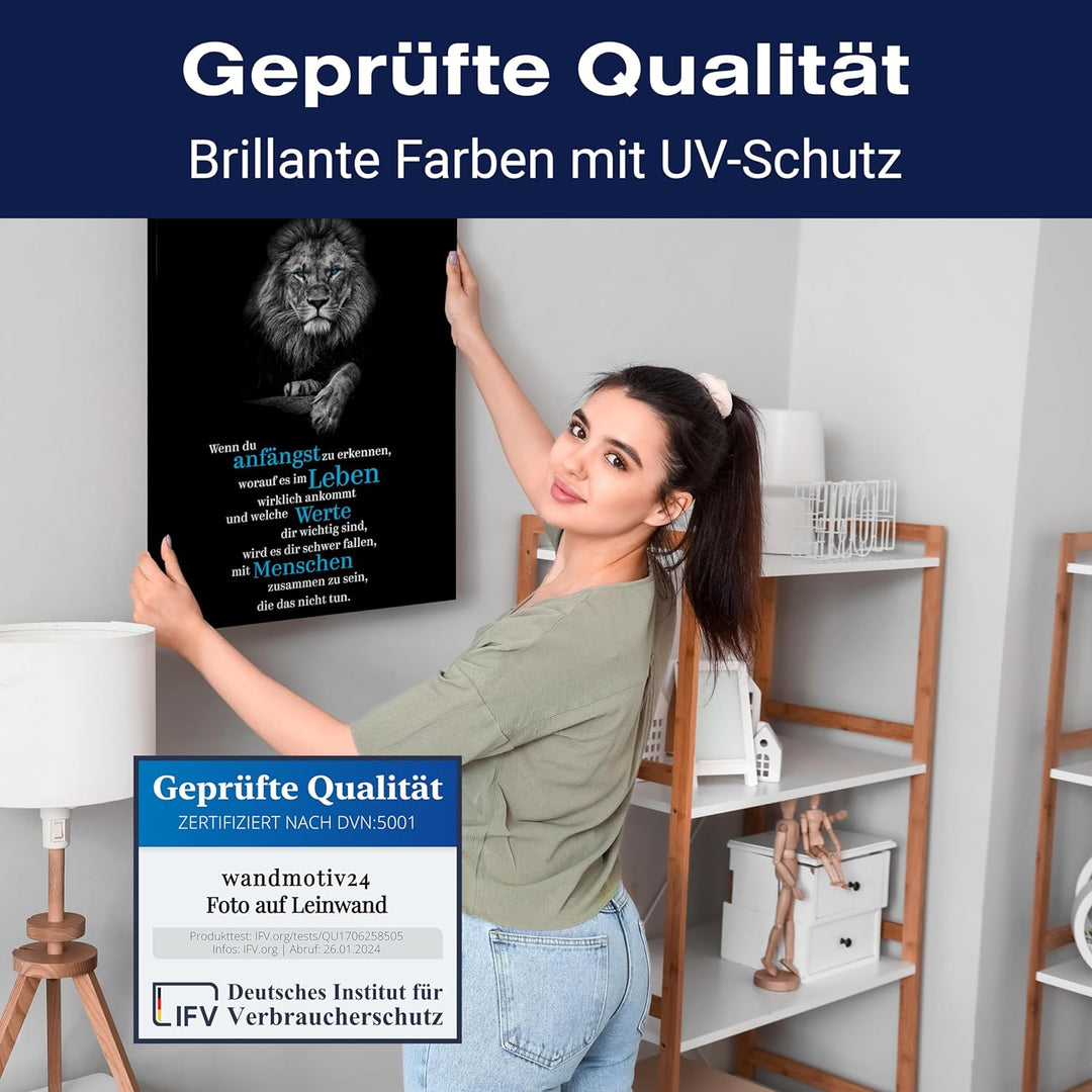 wandmotiv24 Motivations Motiv als Leinwandbild, 100x75cm, Querformat, Leben, Werte, Menschen, Löwe,