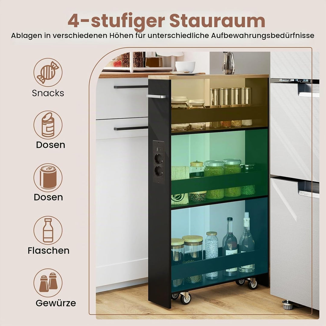 GIANTEX Nischenregal 13cm breit, Nischenschrank Nischenwagen mit Ladestation, Küchenregal auf Rollen