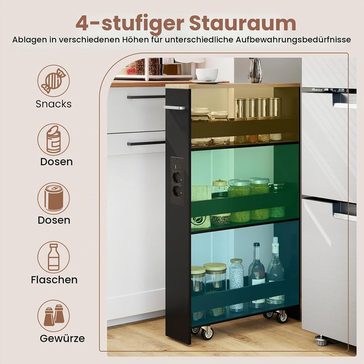 GIANTEX Nischenregal 13cm breit, Nischenschrank Nischenwagen mit Ladestation, Küchenregal auf Rollen