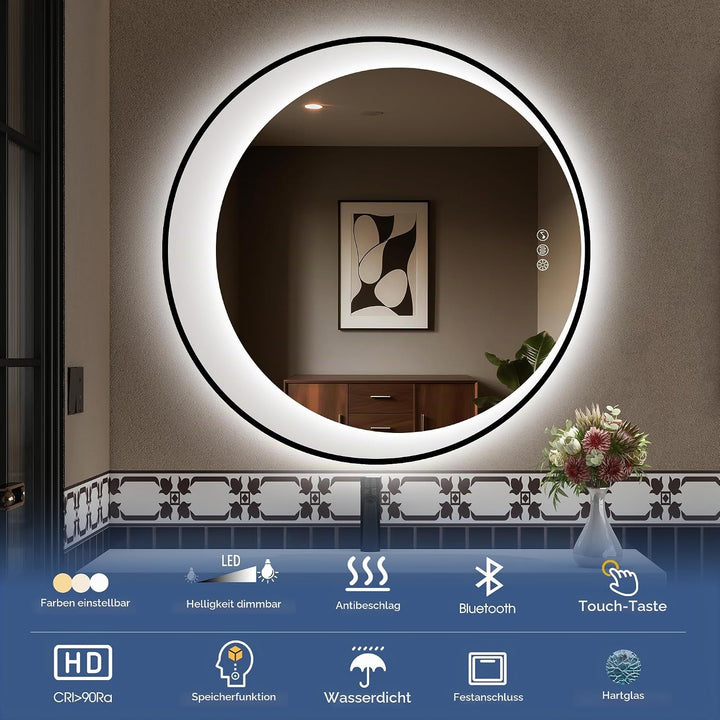 STARLEAD Rund Badspiegel-mit-Beleuchtung 80cm, Asymmetrischer-Spiegel mit Bluetooth, Dimmbar, 3 Lich