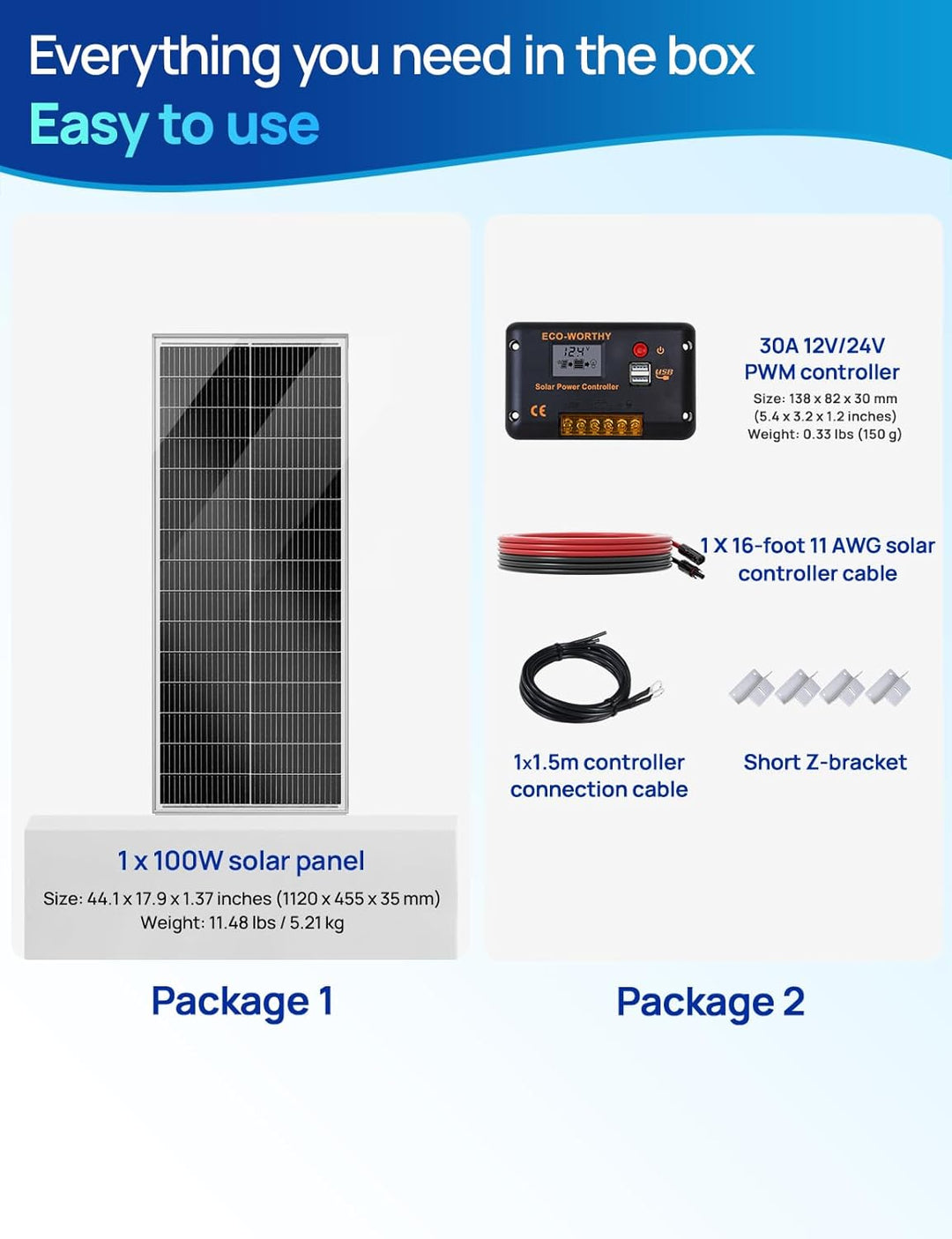 ECO-WORTHY Solarmodul-Kit 100W 12V, 100W Solarmodule 18BB N-Typ, Wirkungsgrad 25% mit 30A Laderegler