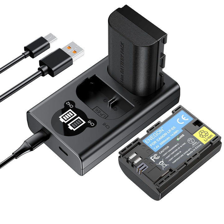 ENEGON LP-E6 Ersatzakku (2 Stück) und Smart LED Dual USB Ladegerät für Canon LP-E6, LP-E6N und Canon