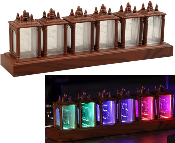Nixie Röhrenuhr Walnuss Digitaluhr, 12/24h Alarm &amp; Display, Einstellbare Helligkeit und Farbe Nachtl