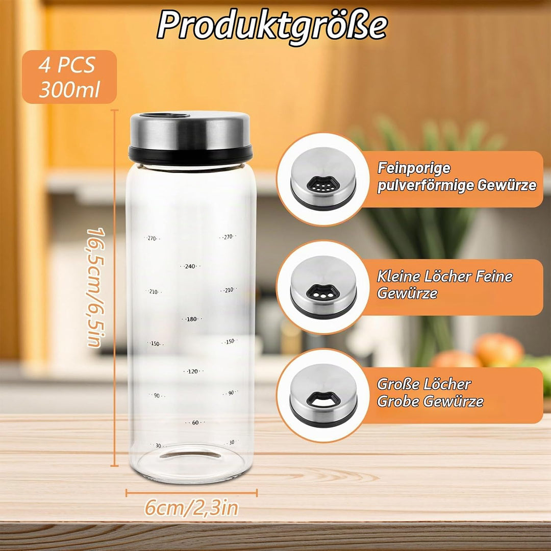 4 Stück Gewürzgläser mit Drehdeckel 300ml Gewürzstreuer Glas 16.5x6 cm Luftdicht Gewürzdosen mit 4 A