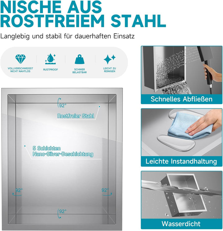 25x30 x10 cm Nano-Silber Wandnische Dusche Edelstahl Einzelregal Lagerung, Keine Fliesen Erforderlic