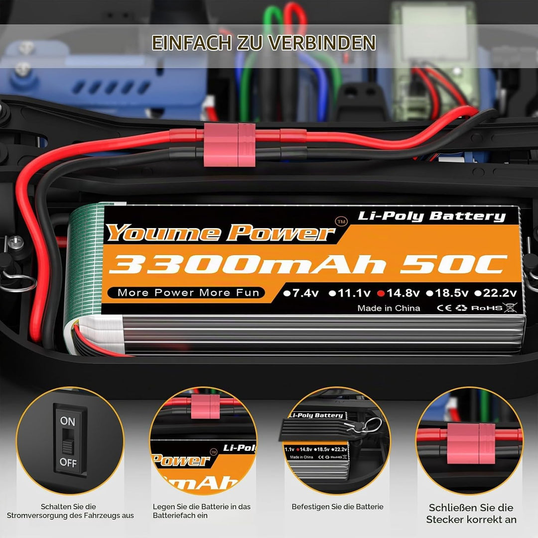 Lipo 4S Batterie, 14,8V 3300mAh Lipo Batterie Pack 50C mit T Stecker für RC Hubschrauber Flugzeug Bo
