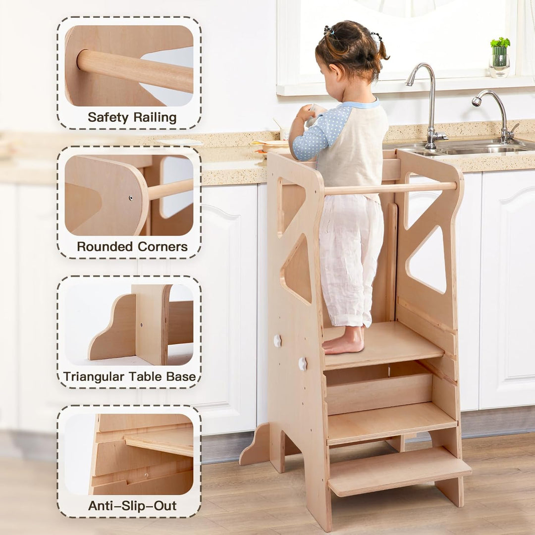 Labebe Lernturm für Kinder, Montessori Learning Tower mit Rutsche, 4-in-1 Verstellbare Höhen Lerntur