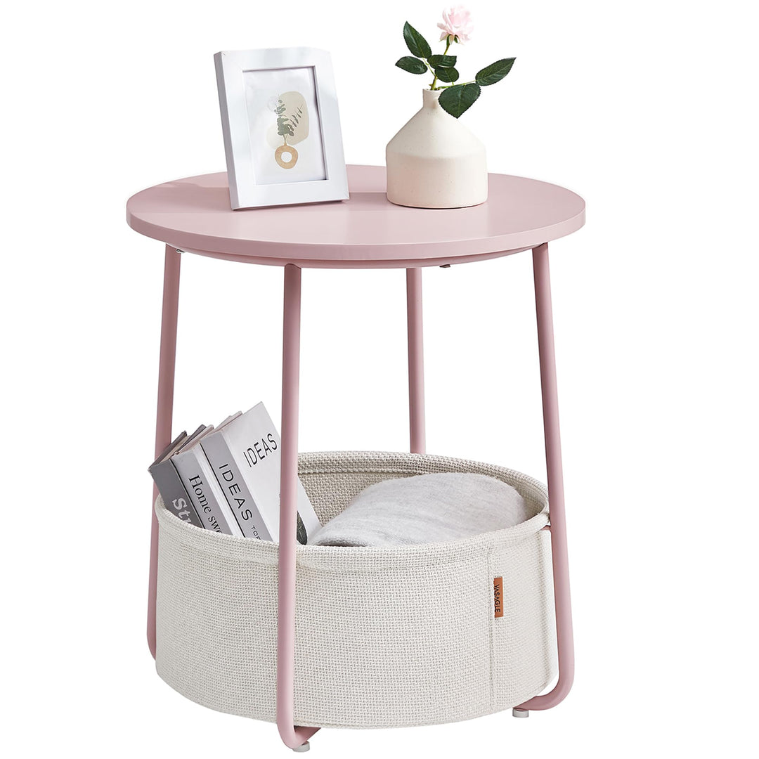 VASAGLE Beistelltisch rund, Kleiner Tisch, Couchtisch klein, Wohnzimmertisch mit Korb aus Stoff, Sta