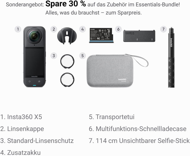 Insta360 X5 Must-Have-Bundle - wasserdichte 8K 360°-Kamera, Führend bei wenig Licht, Unsichtbarer Se