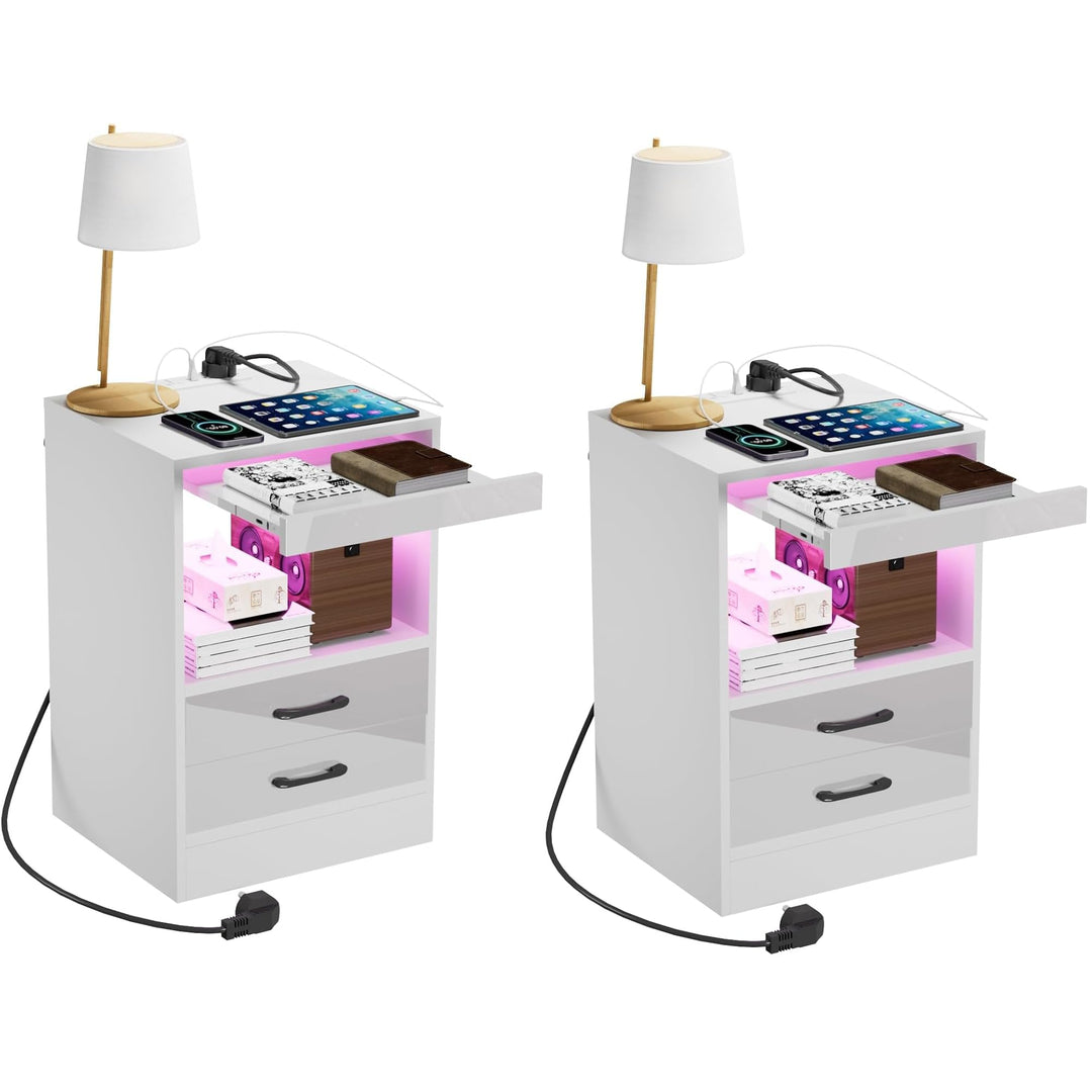PIPIPOXER 2er Set Nachttisch mit Steckdose & USB, Nachttische mit 2 Schubladen Nachschrank für Wohnz