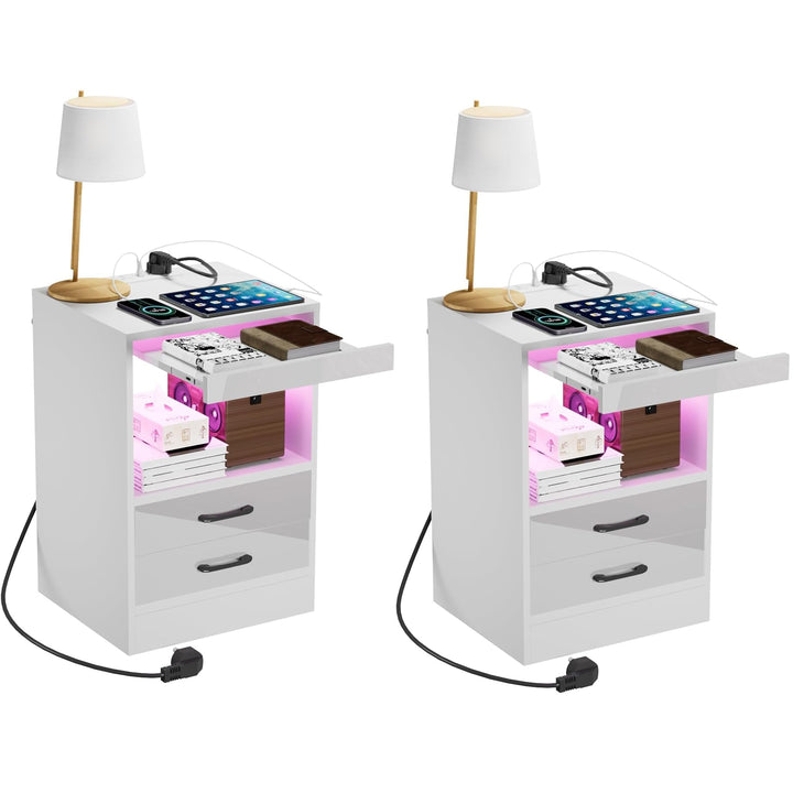 PIPIPOXER 2er Set Nachttisch mit Steckdose & USB, Nachttische mit 2 Schubladen Nachschrank für Wohnz