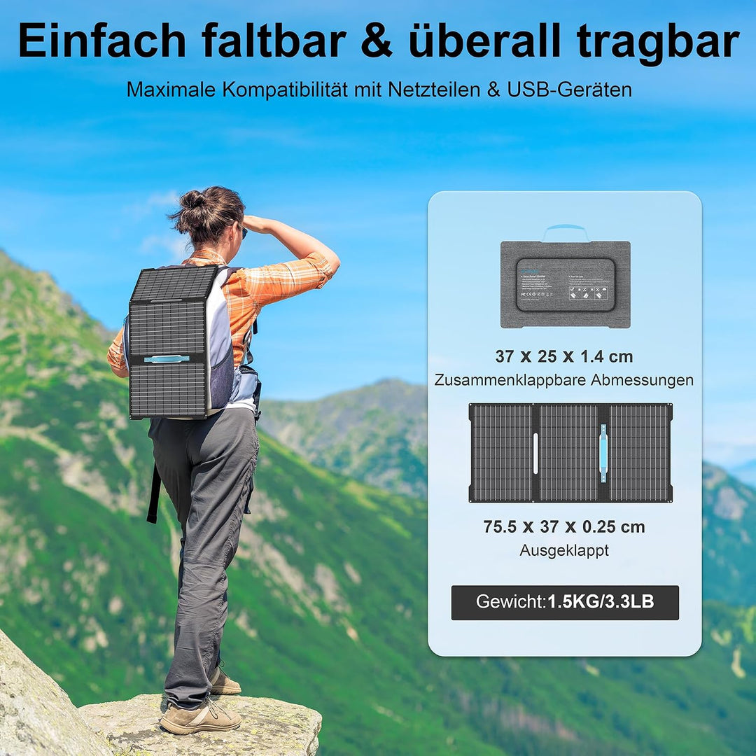 45W Tragbares Solarpanel Ladegerät mit USB-C PD 3.0 & USB-A QC 3.0, IP67 Wasserdicht für Powerbank,