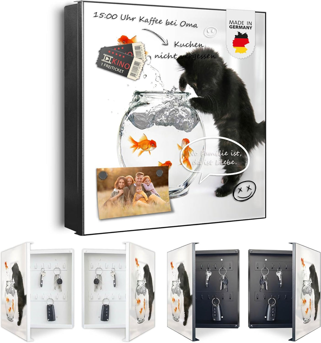 banjado® Grosser Schlüsselkasten Glas/Schlüsselbox 30cm x 30cm mit 50 Haken - Motiv Katze Und Fisch/