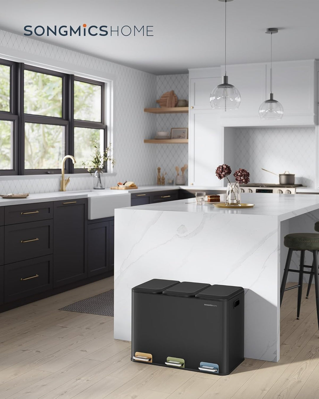 SONGMICS HOME Mülleimer Küche, 3 x 15 L Fächer, Abfalleimer mit farbcodierbaren Pedalen, Mülltrennsy