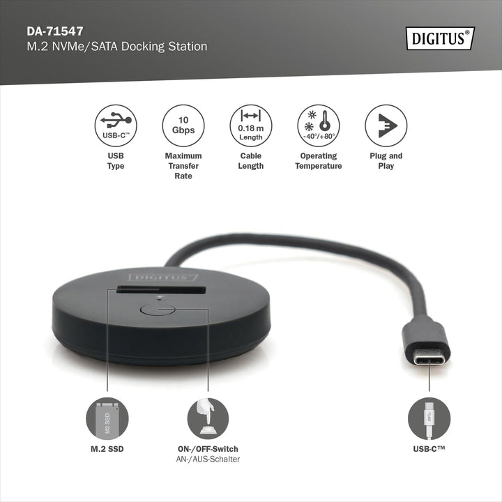 DIGITUS M.2 NVMe/SATA USB-C Docking Station - USB 3.2 Gen2 - 10 Gbit/s - M.2 Formate 2242, 2260, 228