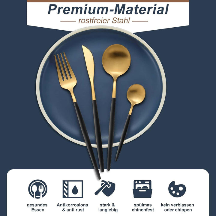 Bestdin Besteck Set 6 Personen, 30 teilig Besteck Schwarz Gold Matt, Essbesteck Set mit Messer Gabel