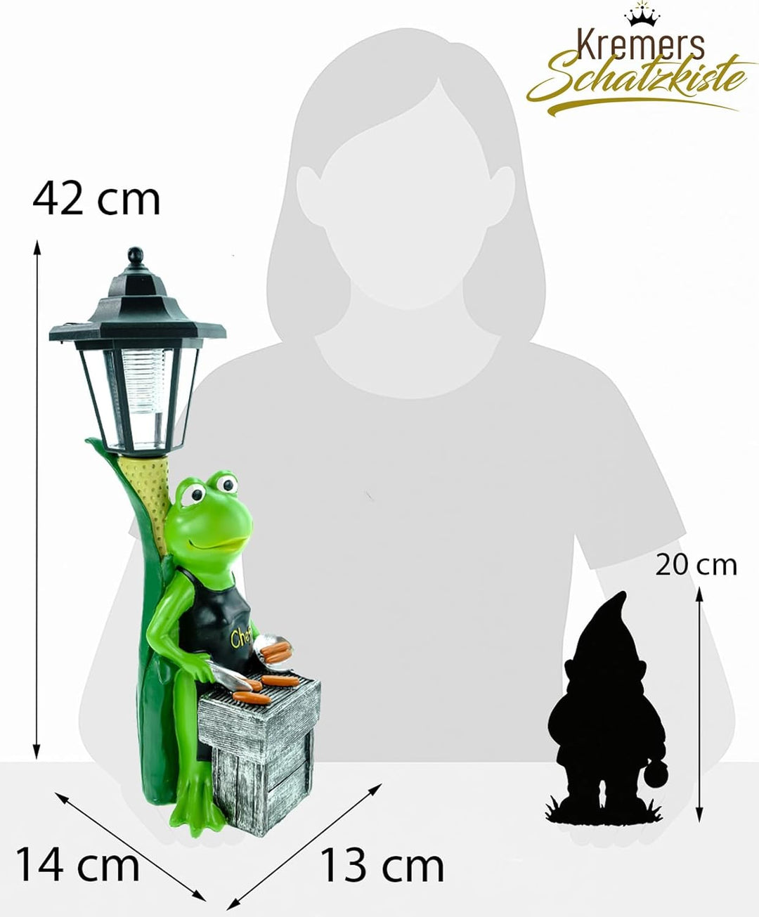 Kremers Schatzkiste XXL Frosch Grillmeister LED Solarlaterne 42x14cm handbemalte Polyresin Gartenfig