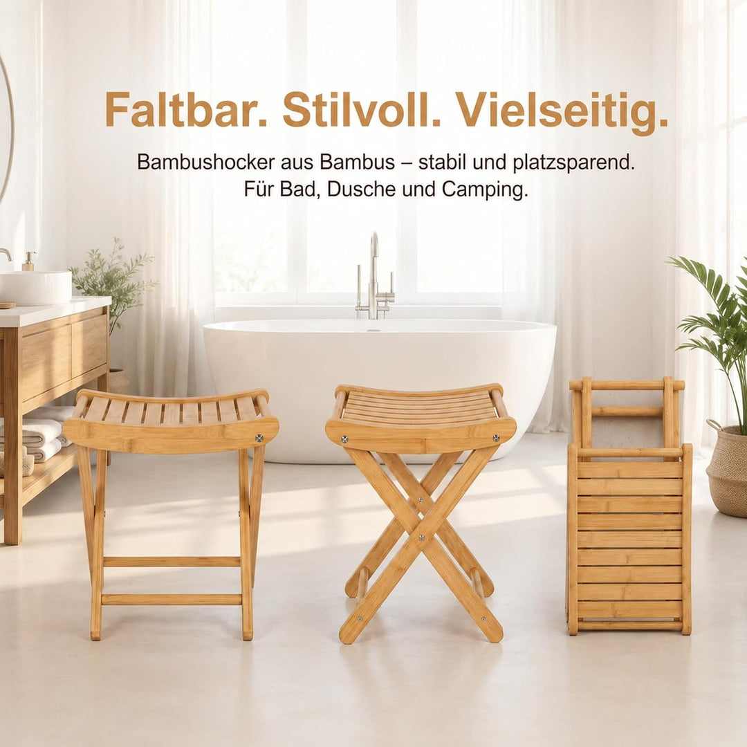 Faltbarer Bambus Duschhocker – Klappbarer Badhocker für Bad &amp; Dusche | Klappbarer Bambus-Duschhocker