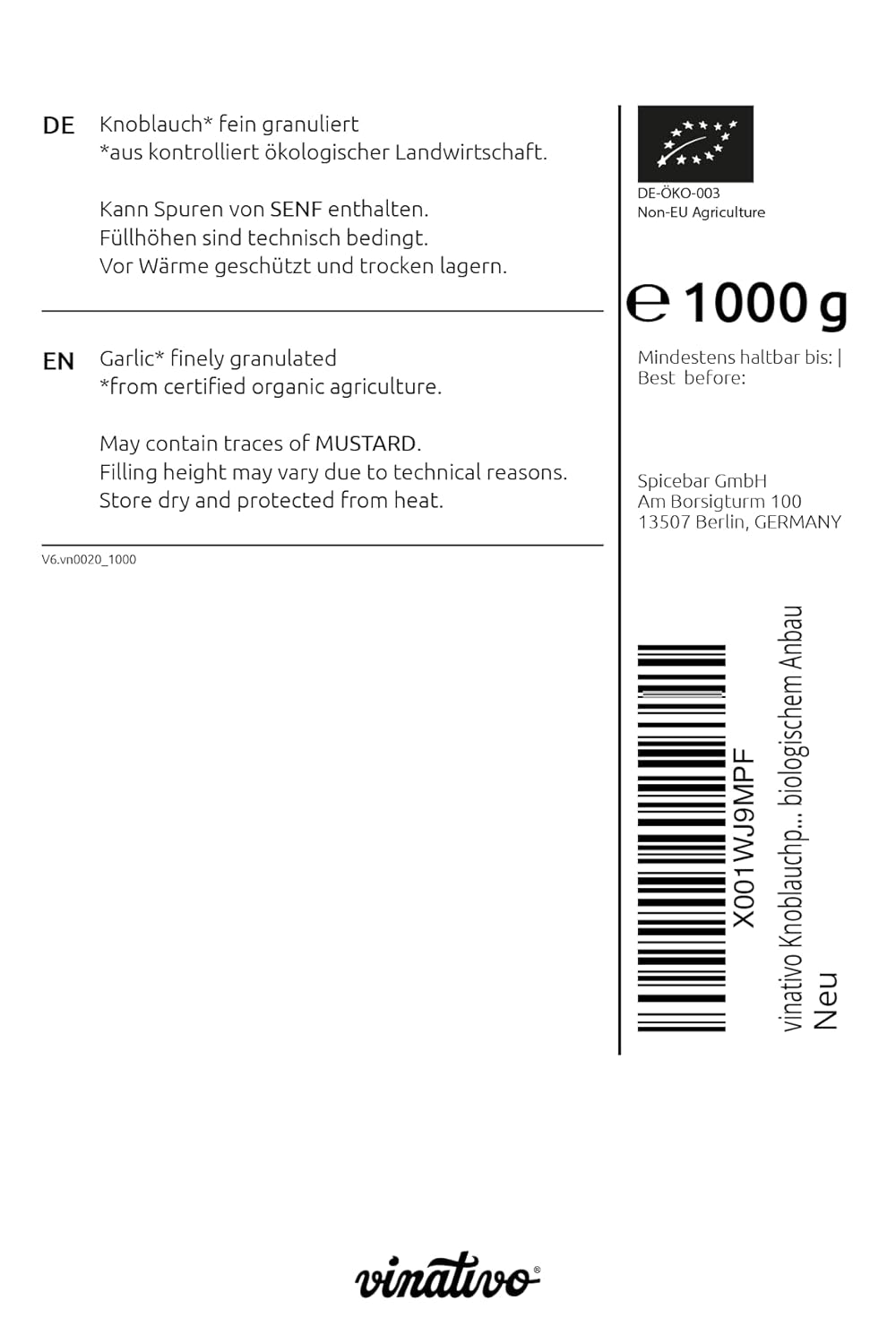vinativo Knoblauchpulver BIO – fein granuliert – 1kg – Knoblauch gemahlen – Bio-Qualität – aus kontr