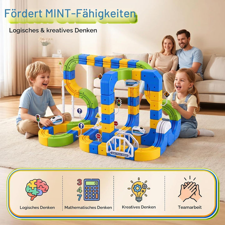 124 Stück Cube Track Set, Elektrische Eisenbahn mit 2 Zügen &amp; 3D Gear Track, DIY Bausteine klick-Sys