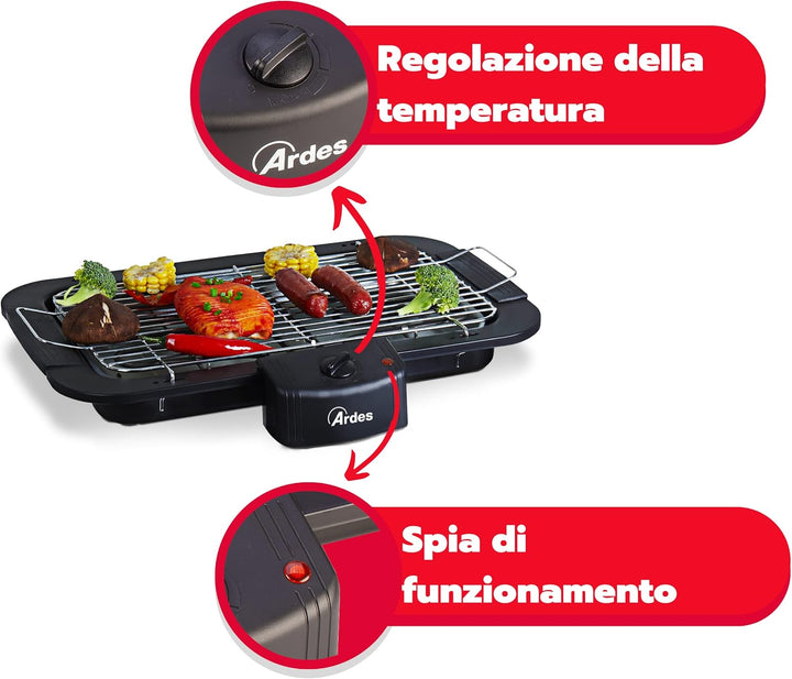 ARDES - Elektrogrill Rauchfrei 2200 W Tragbarer elektrischer Balkongrill Grill für Innen- und Aussen