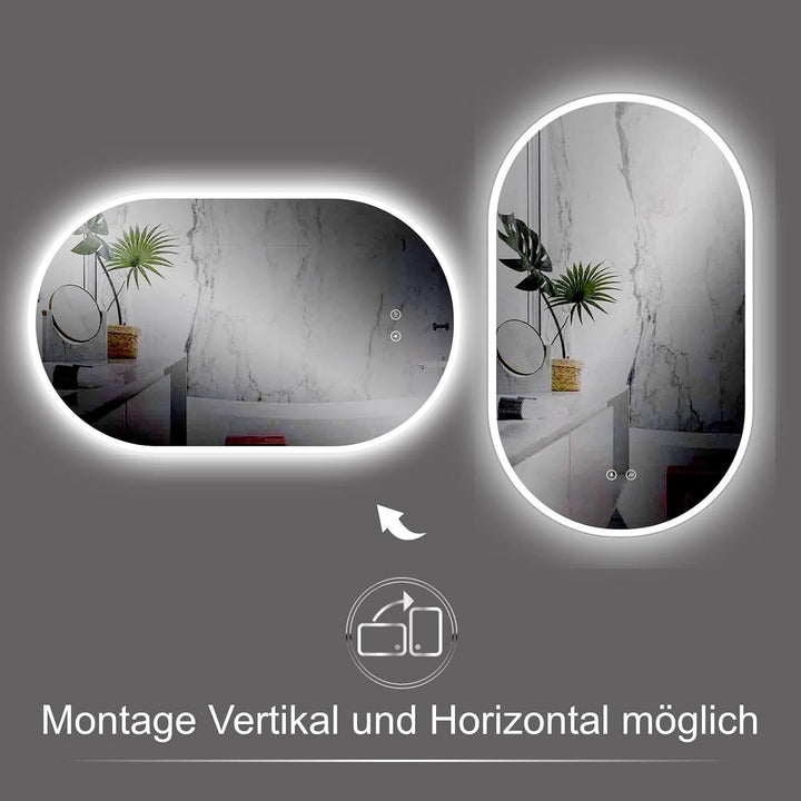 90x50 cm Badspiegel mit Beleuchtung Oval mit Antibeschlag, Badezimmer Spiegel mit LED, Wandspiegel L