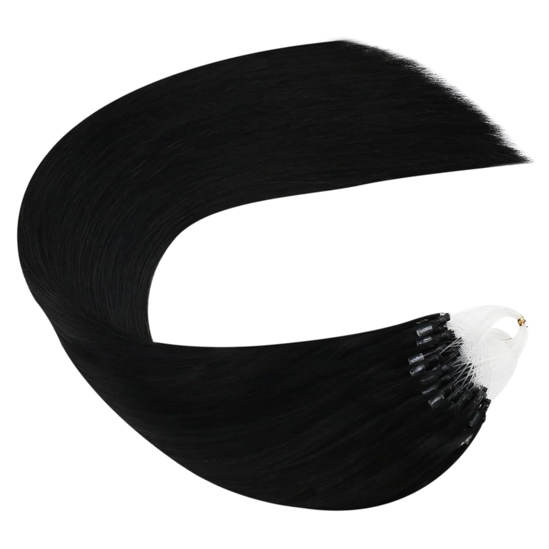 Ugeat 60cm Micro Extensions Echthaar Schwarz 1g/Strähnen Haarverlängerung mit Microrings Farbe 1 Sch