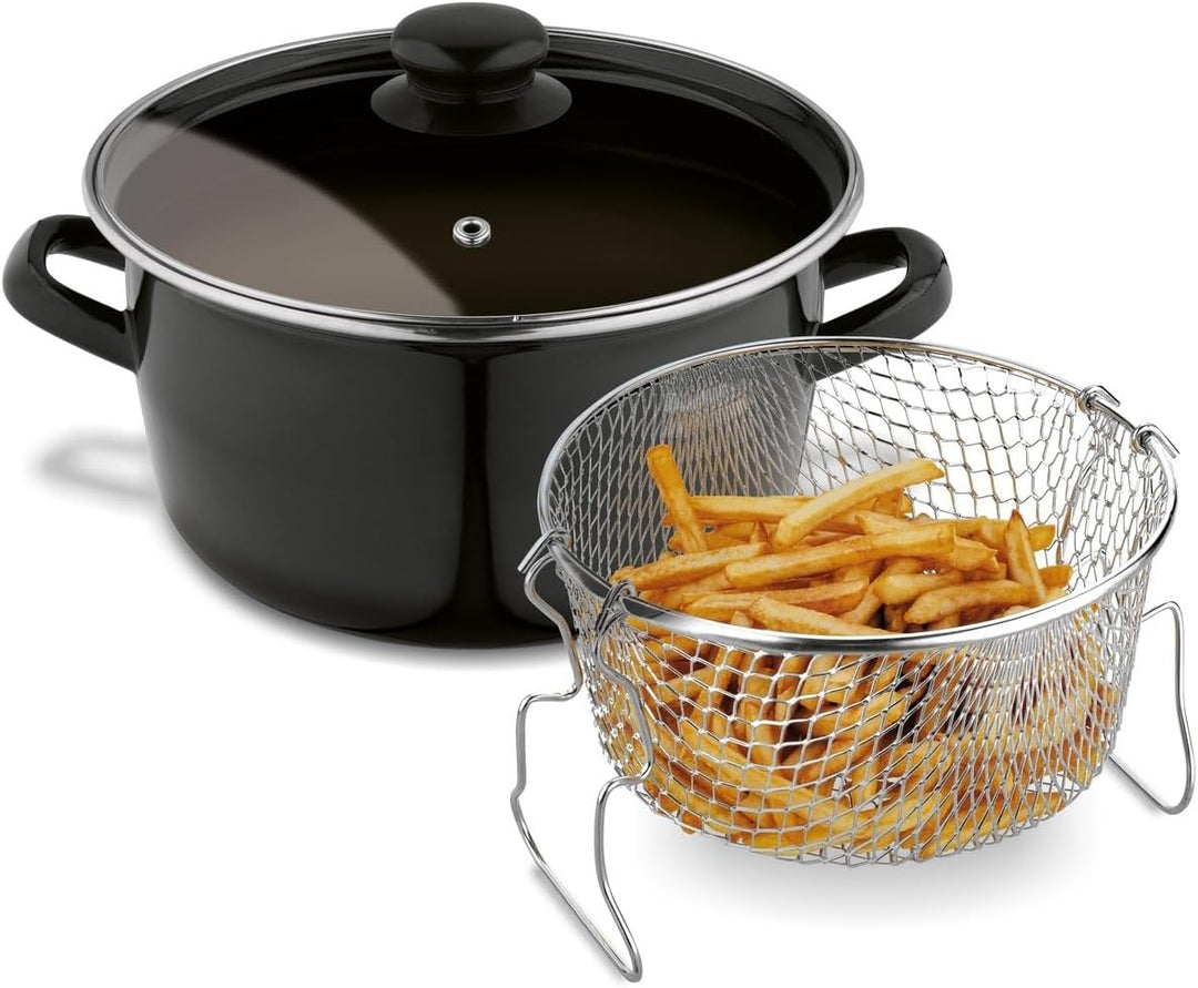 Fritteusenpfanne mit Korb Emaille schwarz, Pommespfanne Fritteuse Glasdeckel, kleine Fritteuse mit S