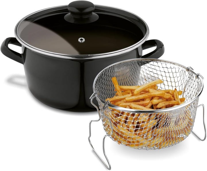 Fritteusenpfanne mit Korb Emaille schwarz, Pommespfanne Fritteuse Glasdeckel, kleine Fritteuse mit S